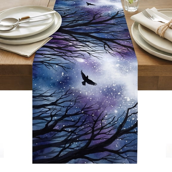 Forest Trees Table Runner, Mystical Moonlight Dark Black Flying Bird Cotton Linen Kitchen Dining Table Runner Cloth Dresser Scarf Decoration for Party Home Decor 13x36in