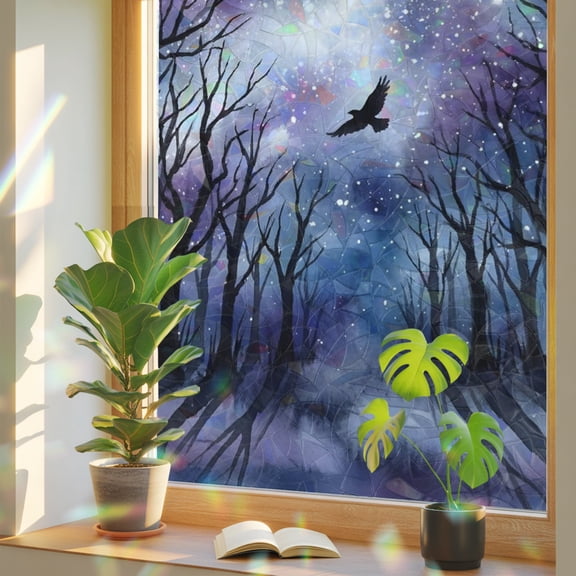 Forest Trees Window Privacy Film, Mystical Moonlight Dark Black Flying Bird Stained Glass Rainbow Film Decorative Window Clings, Static Cling Sun Blocking Stickers 17.7" x 39.3"