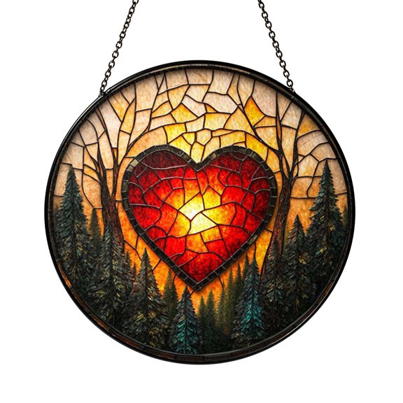Forest Trees with Heart Motif Faux Stained Glass Window Hanging