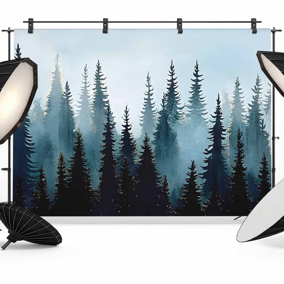 Forest Turquoise Backdrop for Photography,Fabric Photo Background Backdrop,Retro Trees Silhouette Landscape Photo Booth Background for Portrait Photoshoot Video Wedding Decoration Banner 10x8ft