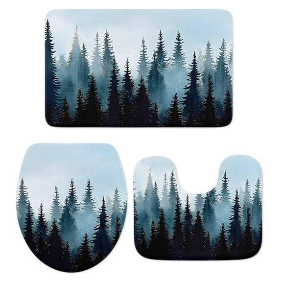Forest Turquoise Bath Mat 3 Piece Bathroom Rug Set, Retro Trees Silhouette Landscape Non Slip Bath Rug Contour Mat and Toilet Lid Cover, Absorbent Shower Mats Soft Bath Rugs and Mats Sets