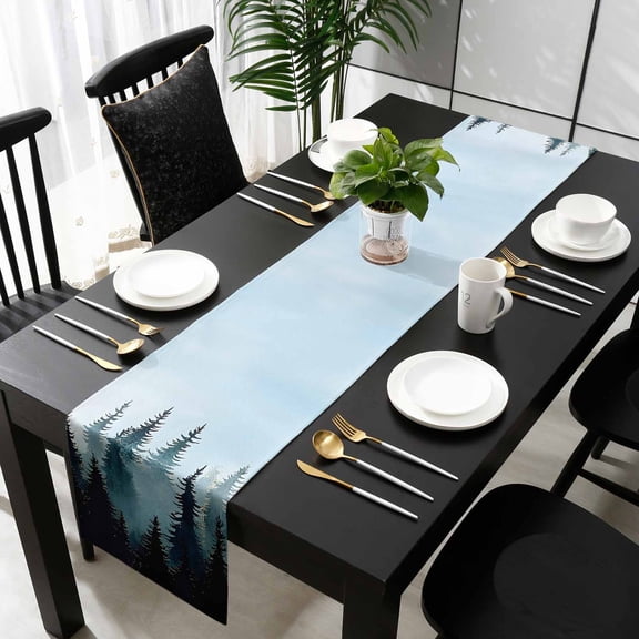 Forest Turquoise Cotton Linen Table Extra Long Runner 13 x 120 inch Retro Trees Silhouette Landscape Non-slip Rectangular Dining Table Decor for Wedding Party Holiday Dinner