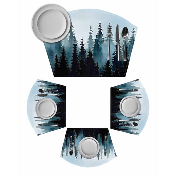 Forest Turquoise Round Placemats Set of 2, Retro Trees Silhouette Landscape Placemats for Round Dining Table Shape Wedge Placemats for Outdoor Indoor Wipeable Clean Table Place Mats