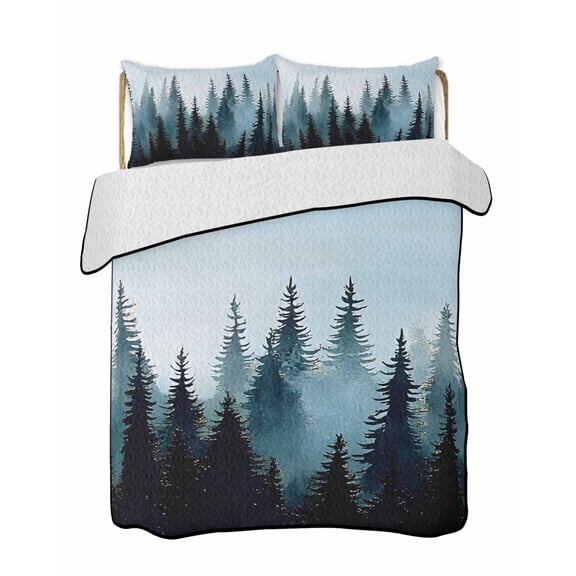 Forest Turquoise Summer Quilt Set Full Size, Soft Microfiber Quilted Bedding Set with 2 Pillow Shams, Retro Trees Silhouette Landscape Lightweight All Season Bedspread Coverlet for Bedroom 78"x90"