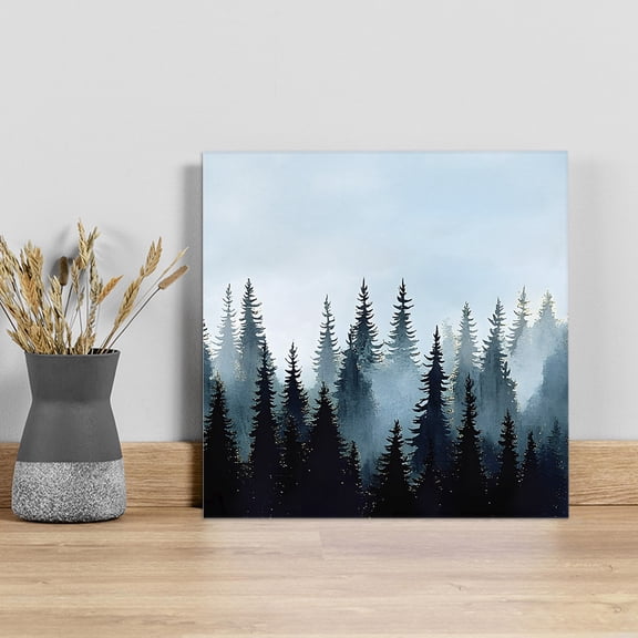Forest Turquoise Wall Art Painting on Canvas, Retro Trees Silhouette Landscape Canvas Art Home Prints Wall Art Framed Modern Artwork for Living Room Bedroom Wall Decor 8x8in