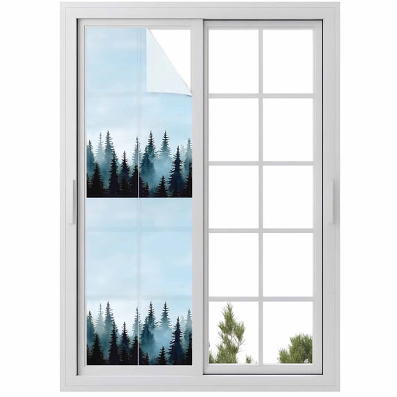 Forest Turquoise Window Privacy Film, Retro Trees Silhouette Landscape Static Cling UV Sun Blocking Heat Control Window Tint Day and Night, Non-Adhesive One Way Windows Privacy Cover 17.7''x78.7''