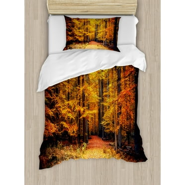 Forest Twin Size Duvet Cover Set, Magical Fall Photo in National Park with Vivid Leaf Plant Eco Earth Mystical Theme, Decorative 2 Piece Bedding Set with 1 Pillow Sham, Orange Brown, by Ambesonne
