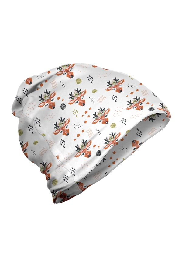 Forest Unisex Beanie, Deer Face in Floral Design, Hiking Outdoors, Rust Rose and Dark Blue Grey, by Ambesonne