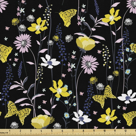 Ambesonne Forest Fabric by the Yard Upholstery, Butterflies Meadow Botany, 10 Yards, Charcoal Grey Pink and Yellow