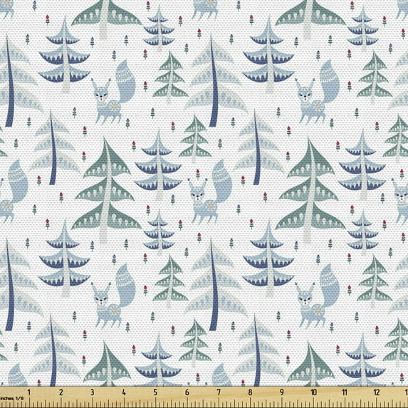 Forest Upholstery Fabric by the Yard, Russian Scandinavian Folk Woods Style with Squirrel and Trees, Decorative Fabric for DIY and Home Accents, Blue Grey Reseda Green by Ambesonne