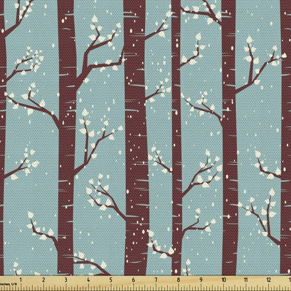 Ambesonne Forest Fabric by the Yard Upholstery, Birch Tree Silhouettes, 3 Yards, Pale Blue Maroon Cream