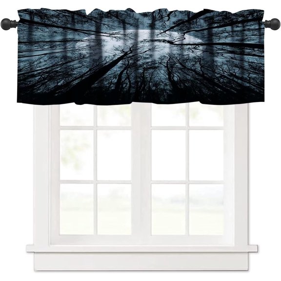 Forest Valance Curtain Full Moon Moonlight Gothic Tree Scenery Woodland Scary Nature Rod Pocket Valance Window Treatments 1 Panel Short Curtains for Kitchen Living Room Decor 54x18 in