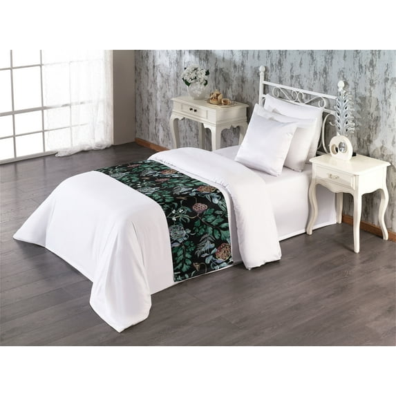 Forest Vibes Bed Runner, Night Woodland Leaves and Branches Watercolor Concept Print, Decorative Accent Bedding Scarf for Hotels Homes & Guest Rooms, Twin, Jade Green and Charcoal Grey, by Ambesonne
