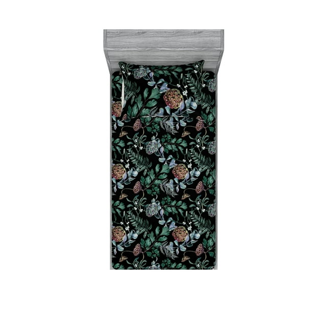 Forest Vibes Fitted Sheet & Pillow Sham Set, Night Woodland Leaves and Branches Watercolor Concept Print, Decorative Printed 2 Piece Bedding Decor, Twin, Jade Green and Charcoal Grey, by Ambesonne
