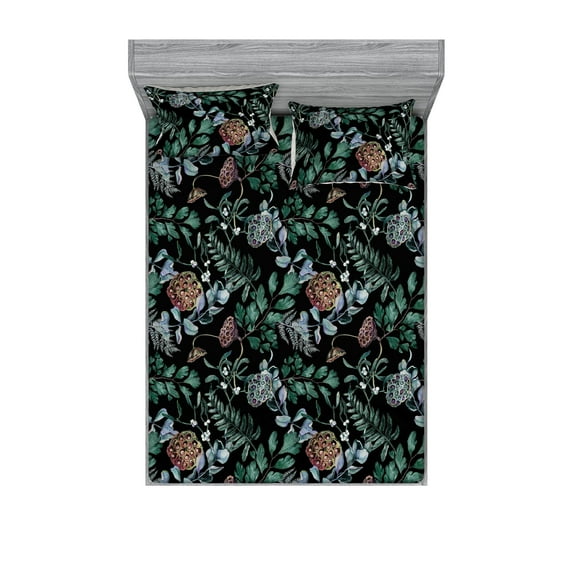 Forest Vibes Fitted Sheet & Pillow Sham Set, Night Woodland Leaves and Branches Watercolor Concept Print, Decorative Printed 3 Piece Bedding Decor, King, Jade Green and Charcoal Grey, by Ambesonne
