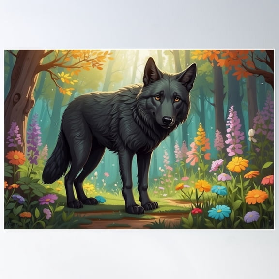 Forest Vigil: Black Wolf Amidst Springtime Bloom Poster Wall Art, Modern Wall Decor For Living Room Bedroom, 8x12 UNFRAMED
