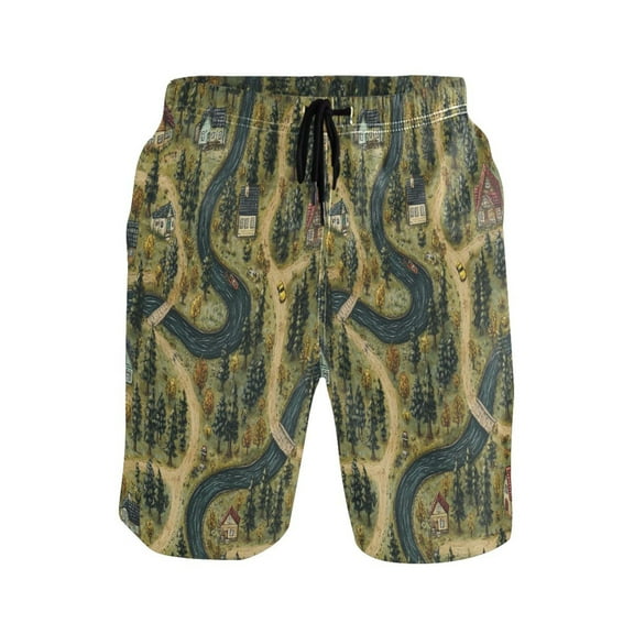 Forest Village X-Large Size Men's Lightweight Beach Shorts with Mesh Lining, Quick Dry