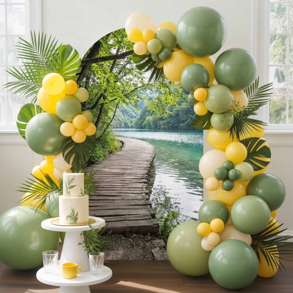 Forest Walkway Arch Backdrop Cover, 4FT, Lake Serene Wooden Bridge Green Tree Plant Spandex Arch Covers Double-Sided Backdrop for Wedding Birthday Party Photo Background Decoration