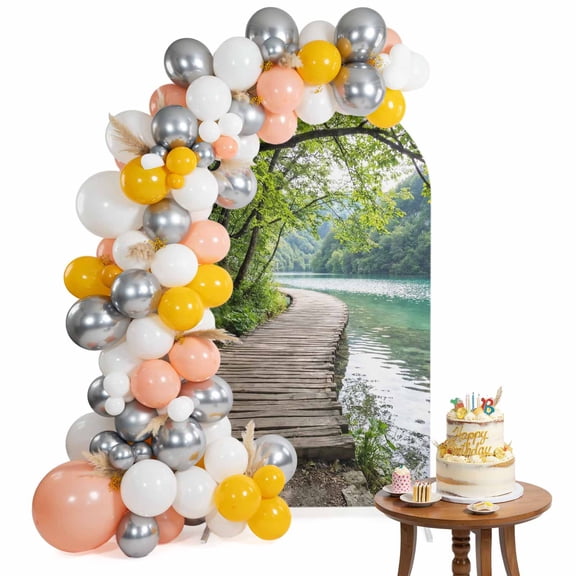 Forest Walkway Arch Backdrop Cover 4FT Lake Serene Wooden Bridge Green Tree Plant Spandex Fitted Arch Covers Stretchy Backdrop Decoration for Wedding Birthday Graduation Party