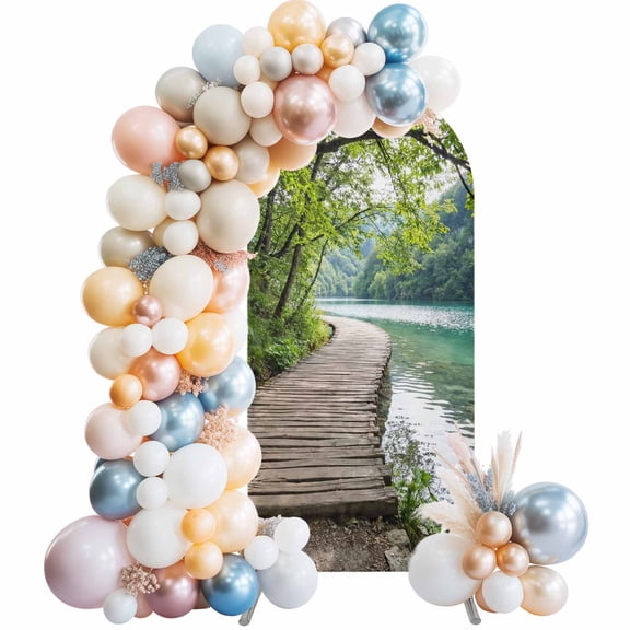 Forest Walkway Arch Backdrop Cover 5 FT Lake Serene Wooden Bridge Green Tree Plant Stretchy Elastic Arch Stand Covers Spandex Arched Background Birthday Wedding Party Decoration (No Stand)