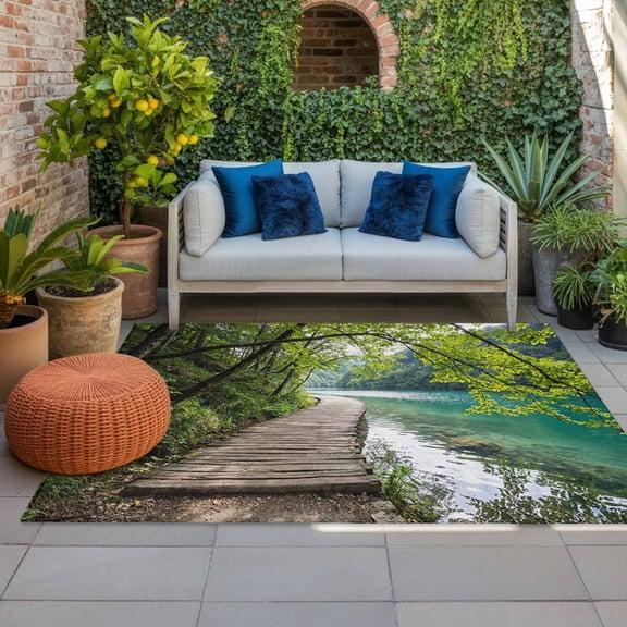 Forest Walkway Indoor Outdoor Rugs 4x6 Ft, Lake Serene Wooden Bridge Green Tree Plant Outdoor Patio Rugs Mat Washable Outside Area Rugs Carpet for Porch Deck RV Camping Pool Balcony Backyard