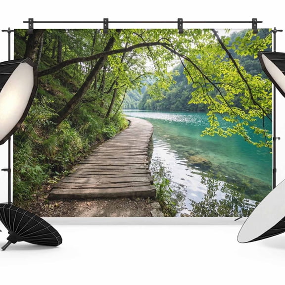 Forest Walkway Photography Backdrop 7x5FT, Lake Serene Wooden Bridge Green Tree Plant Photo Backdrops, Background for Photography Studio Photo Studio Background, Back Drop for Photoshoot