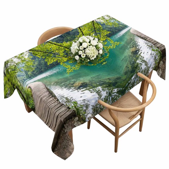 Forest Walkway Rectangle Tablecloth Lake Serene Wooden Bridge Green Tree Plant Waterproof Wrinkle Free Soft Table Cloth Spill-Proof Washable Table Cover for Dining Party Picnic 60 x 120 Inch