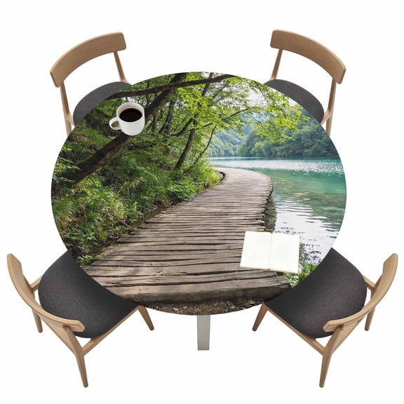 Forest Walkway Round Fitted Table Cover Lake Serene Wooden Bridge Green Tree Plant Waterproof Table Cloth with Elastic Edge Wipeable Tablecloth for Picnic Camping Party Fits 36"-44" Tables