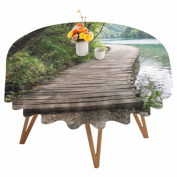Forest Walkway Round Tablecloth 54 inches Lake Serene Wooden Bridge Green Tree Plant Waterproof Oil-Proof Table Cloth Round Table Cover for Holiday Party Picnic Dinner Decor Indoor and Outdoor Use