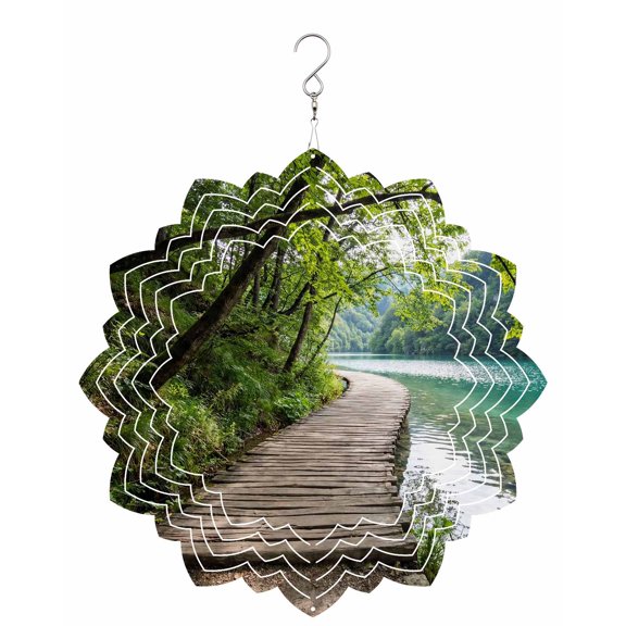 Forest Walkway Wind Spinner for Garden Yard 8In, Lake Serene Wooden Bridge Green Tree Plant 3D Stainless Steel Kinetic Hanging Wind Spinners Rustproof Outdoor Decor for Lawn Patio Home