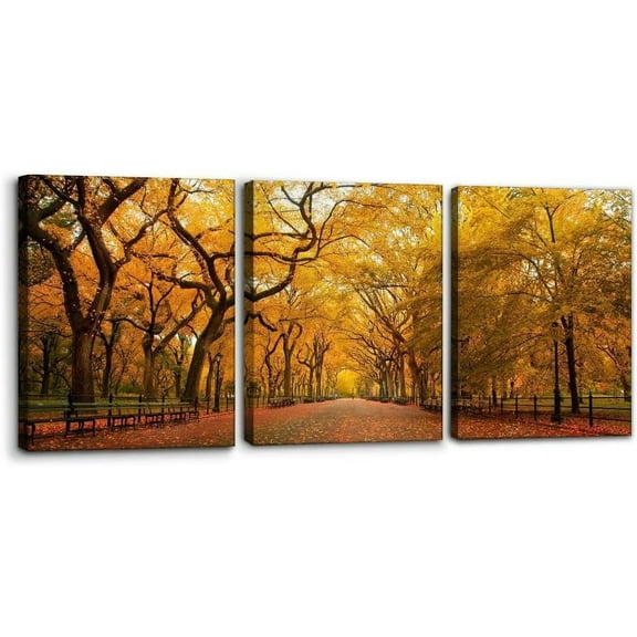 Forest Wall Art Canvas Painting Orange Leaves on Autumn Posters and Prints Decorative Modern Home Decoration Autumn Landscape Wall Home Decor Wall Art for Living Room - 12" x 16" x 3 Panels
