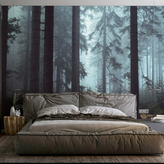 Forest Wall Mural Woodland Wallpaper Mural 148" Wx 98" H Foggy Large Peel and Stick Mural Paint Canvas Removable Art Murals for TV Background Bedroom Office, Dark Blue