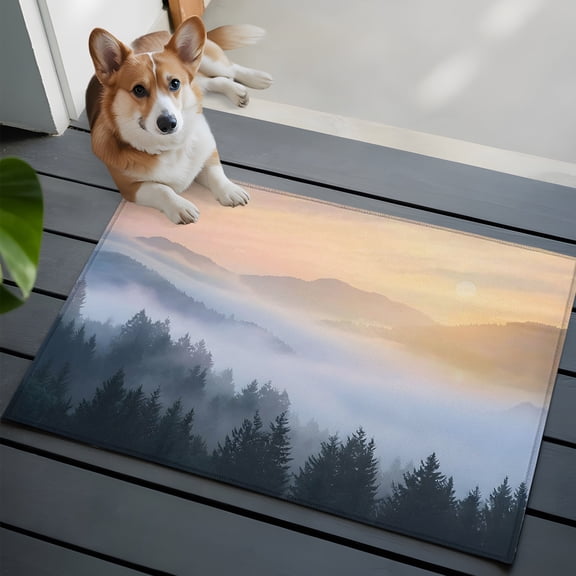 Forest Washable Entry Rug 2x3 Fog Misty Mountains Pine Tree Landscape Low Pile Indoor Door Mat with Rubber Backing Thin Area Rug for for Entrance, Bedroom, Kitchen, Laundry, Bathroom
