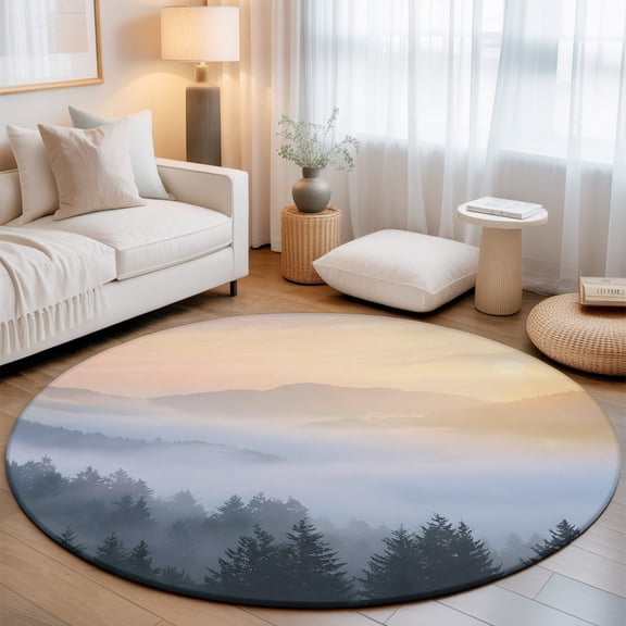 Forest Washable Round Area Rug 3 ft, Fog Misty Mountains Pine Tree Landscape Soft Non Slip Rugs Stain Repellent Indoor Felt Carpet for Living Dining Room Bedroom Home Office