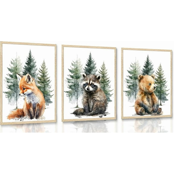 Forest Watercolor Canvas Wall Art Set Featuring Fox Raccoon Bear Paintings Posters Prints Pictures for Kids Room Nursery Kindergarten Wall Decor Decoration Unframed