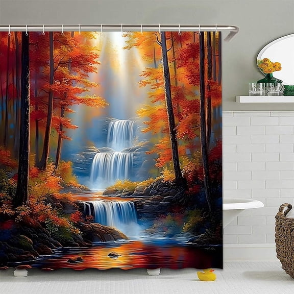 Forest Waterfall Autumn Shower Curtain Fall Rustic Tree Jungle Rainforest Outdoor Maple Tree River Sunlight Nature Farmhouse Country Bathroom Curtain Set Polyester Fabric Hook-36"W x 72"L (Pack of 1)