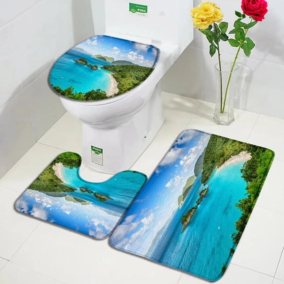 Forest Waterfall Bath Mat Set Tropical Green Plants Lake Nature Scenery Home Door Carpet Bathroom Decor Floor Rugs Toilet Cover