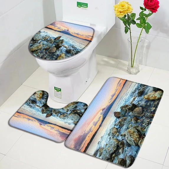 Forest Waterfall Bath Mat Set Tropical Green Plants Lake Nature Scenery Home Door Carpet Bathroom Decor Floor Rugs Toilet Cover