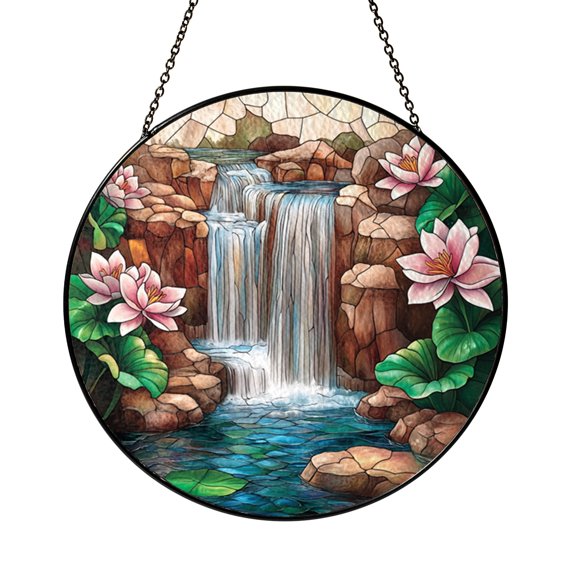 Forest Waterfall Decorative Window Hanging – Stained Glass Style