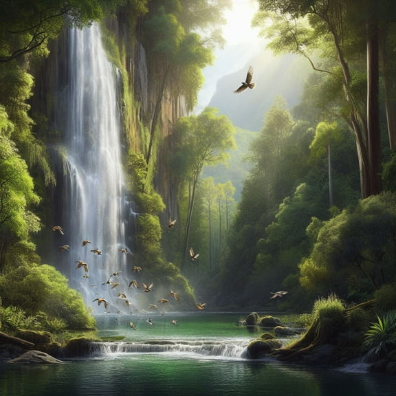 Forest Waterfall Digital Painting - 12" x 18" Art Print Wall Decor
