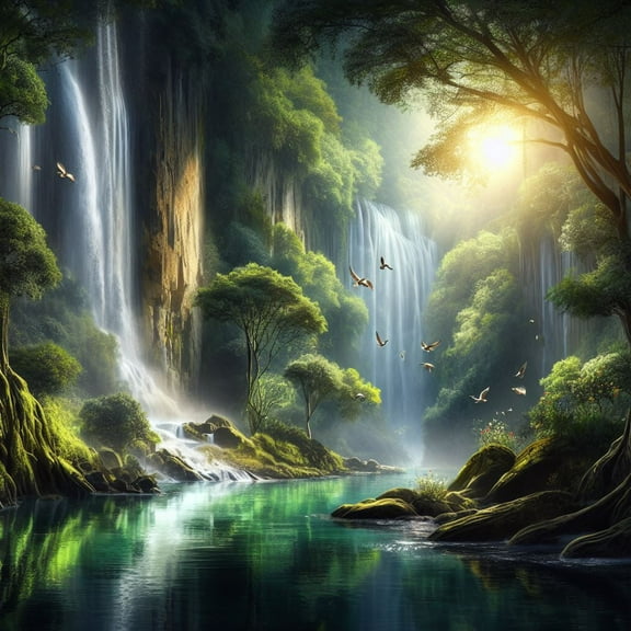 Forest Waterfall Digital Painting II - 12" x 18" Art Print Wall Decor