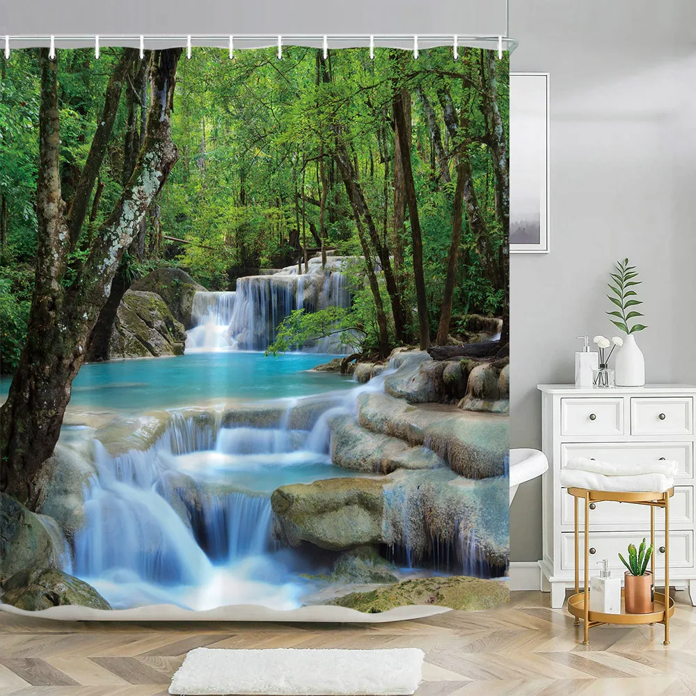 Forest Waterfall Landscape Shower Curtain Nature Landscape Greenery