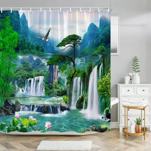 Forest Waterfall Landscape Shower Curtain Outdoor Garden Poster Tropical Plants LandscapePolyester Shower Curtain Bathroom Decor