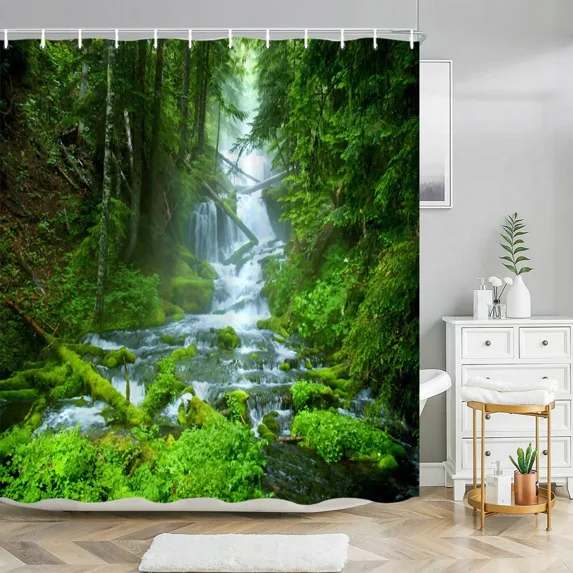 Forest Waterfall Landscape Shower Curtain Outdoor Garden Poster Tropical Plants LandscapePolyester Shower Curtain Bathroom Decor