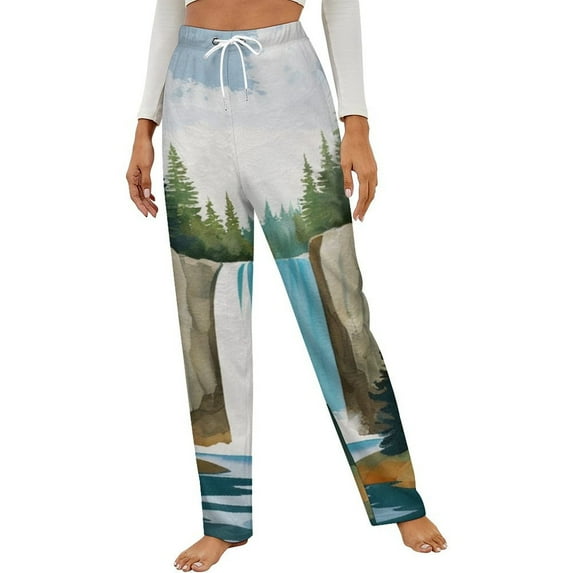 Forest Waterfall Scenery Winter Female Pants Flannel High Waist Women Pants Lady Warm Straight Leg Plush Trousers