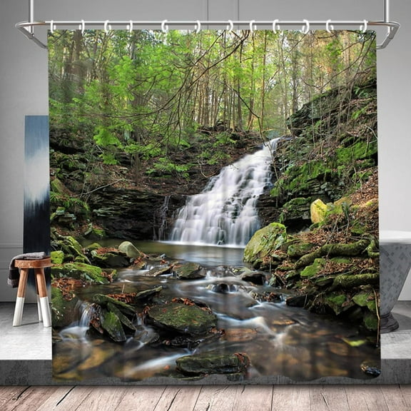 Forest Waterfall Scenic Shower Curtain – Spring Green Landscape Rainforest Tropical Jungle Summer Nature Theme – Polyester Fabric Decor Set with Hooks (84"x70) – Create a Lush Green Oasis in Your B