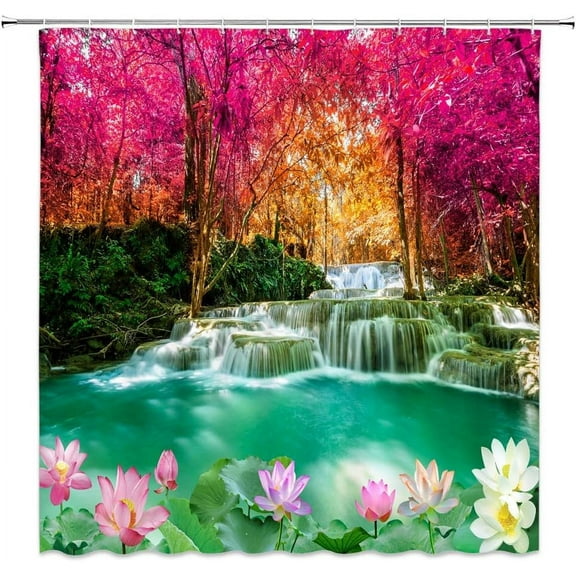 Forest Waterfall Shower Curtain - 72x72 Inch Red Tree Jungle Rainforest Waterfall Lake Pool Wild Nature Landscape Scenery Bathroom Home Decor with Hooks