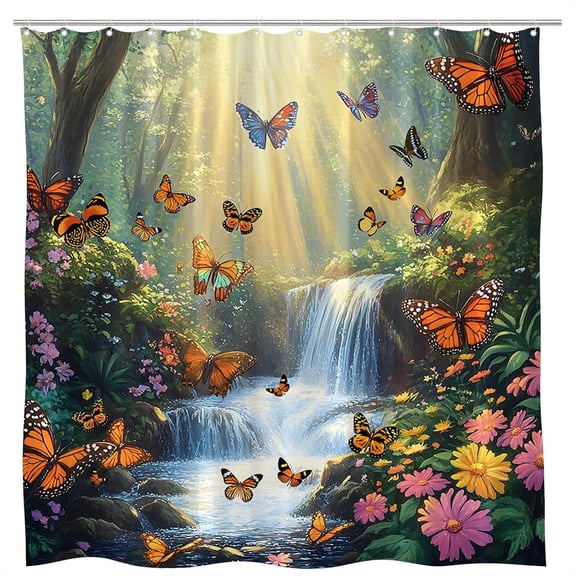 Forest Waterfall Shower Curtain Butterfly Spring Jungle Rainforest Wonderland Fantasy Tropical Fairy Tale World Flower Romantic Nature Bathroom Curtains Set Polyester Fabric with Hooks 70" W x 70" L