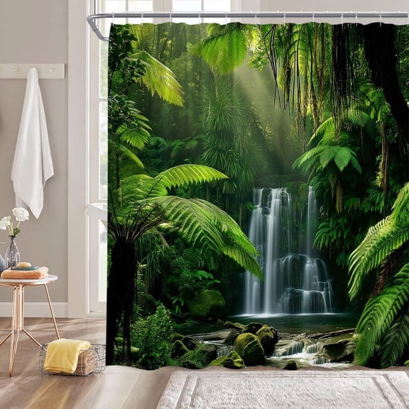 Forest Waterfall Shower Curtain Green Nature Tree Forest Tropical Jungle Rainforest Natural Scenery Landscape Fabric Bathroom Decor Curtain with Hook-72"W x 72"L (Pack of 1)