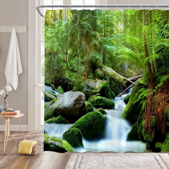 Forest Waterfall Shower Curtain Green Nature Tropical Rainforest Tree Forest Jungle Stones Plants Sunshine Landscape Summer Season Bathroom Fabric Decor Curtain with Hooks